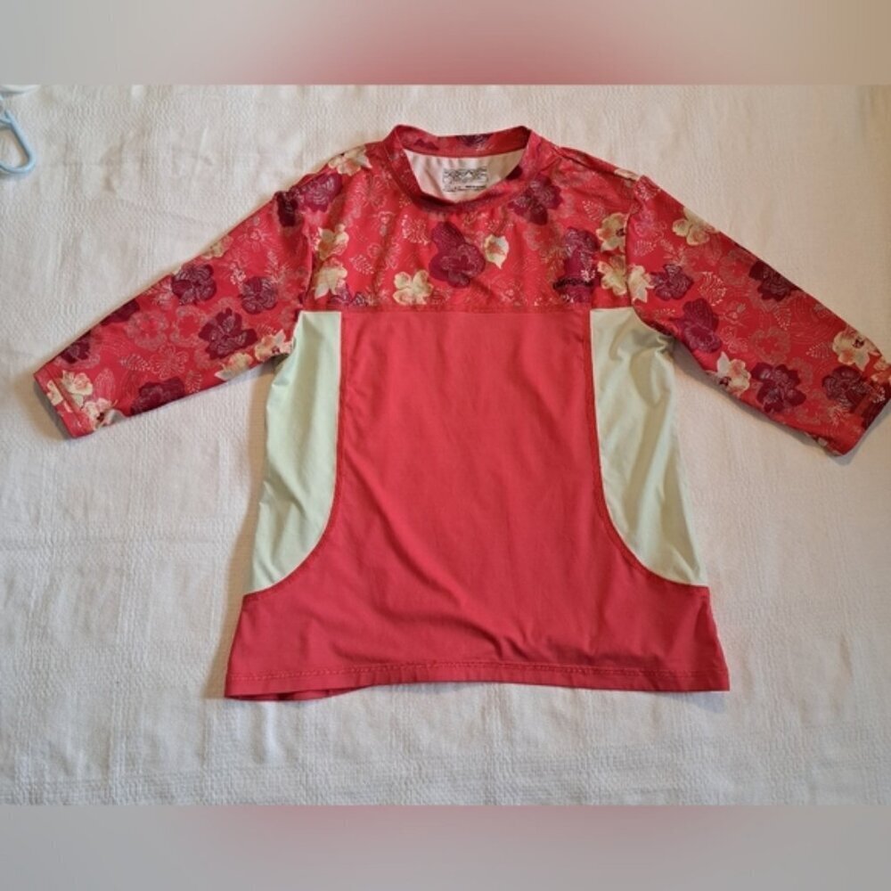 Patagonia girls size xxl or 16-18 swim rash guard, floral coral lt green vguc